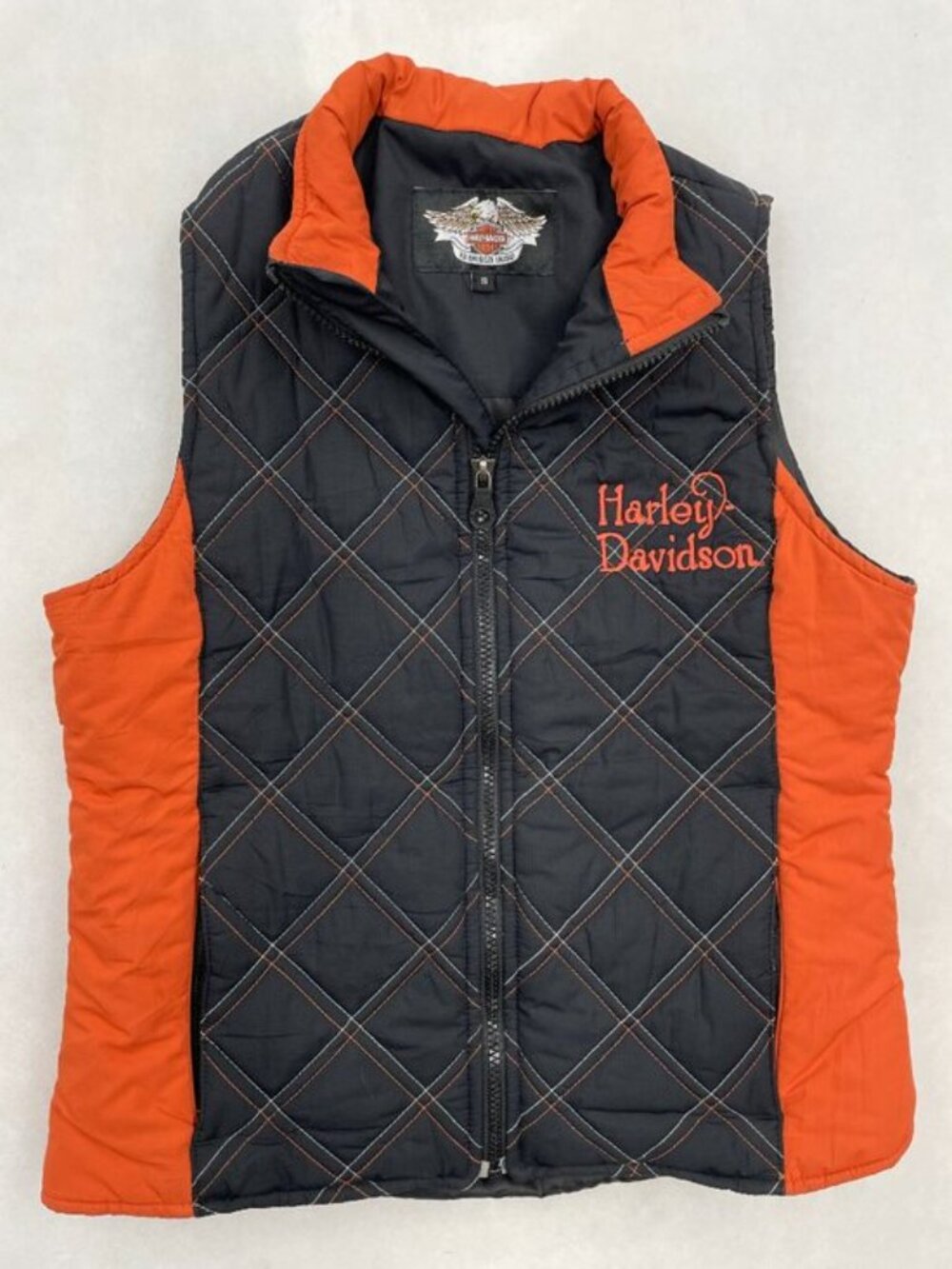 Harley Davidson Quilted Puffer Motorcycle Vest Black Orange Biker Women's S